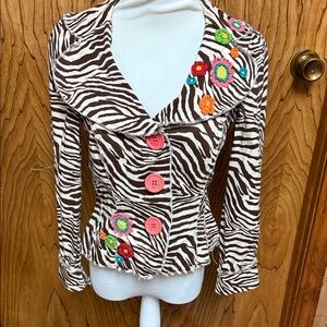Ivy Jane Zebra Print Jacket with Colorful Floral Accents Size Small.